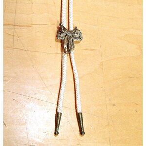 Vintage Saddle Bolo Tie Bronze Brass Tips Off White Fabric Rope Slider Western